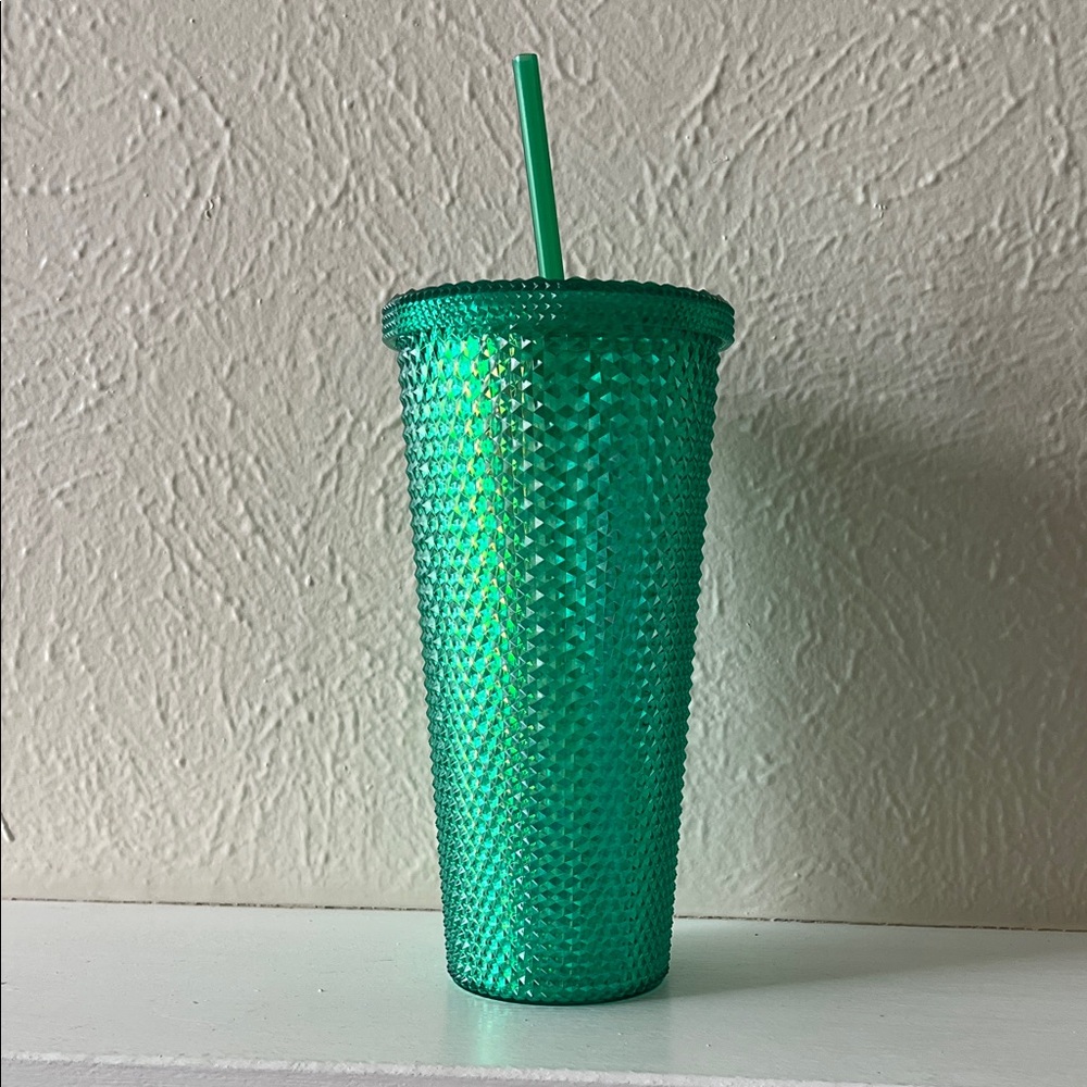 Textured Emerald Green Studded Tumbler with Straw